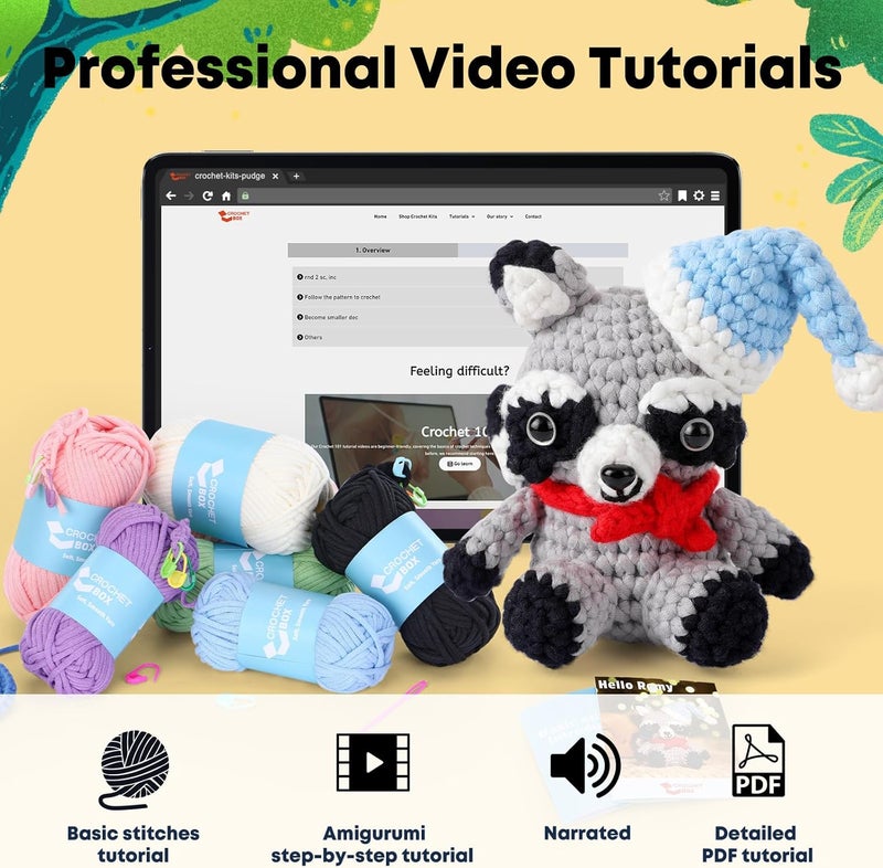 CrochetBox Crochet Kit for Beginners Adults - Raccoon Starters Crochet Kit, Beginners Crocheting Kitting for Adults Teen, Craft Gifts with Crochets Yarns, Hook, Step-by-Step Video, Instruction - Image 4